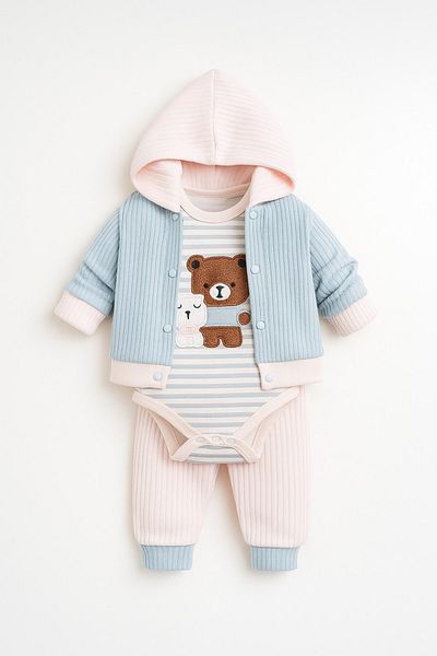 Ege Bebek Baby Boy Newborn 0-3-6-9 Months Striped Teddy Bear Printed Hooded Long Sleeve 3-Piece Stylish Set