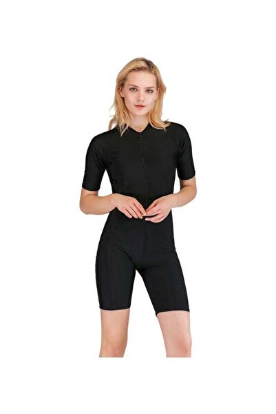 DOMEET Solid Conservative Zipper Closure One Piece Swimsuit