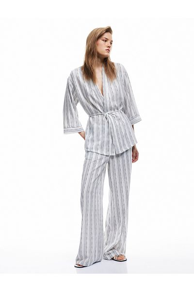 Koton New Season Linen Look Waist Tied Pocket Striped Palazzo Trousers