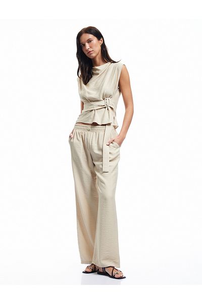 Koton New Season Viscose Fabric Elastic Waist Pocket Straight Wide Leg Trousers
