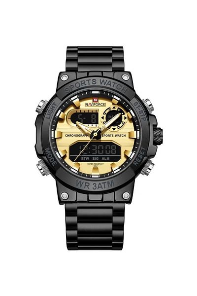 Naviforce Luxury Black Stainless Steel Analog-Digital Sports Chronograph Watch for Men with Gold Dial