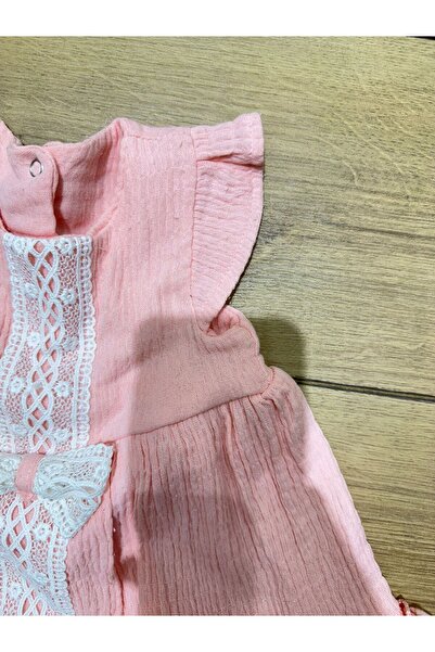 Tk Tela kids kiz elbise 6/18 ay aralığı Müslüm kumaş elbise pudra rengi boydan dantelli işlemli kurdele