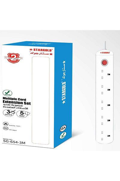 Generic STARGOLD 5-Way Extension Cord with USB, 13A Overload Protection, 3M Cable, 3250W Power Capacity