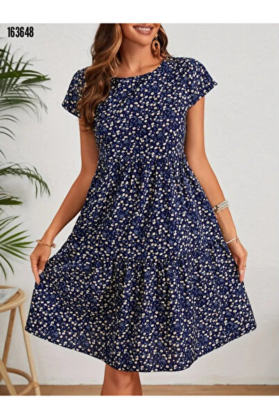 Kokosh moda Women's Crew Neck Floral Print Short Sleeve Single Jersey Fabric Dress