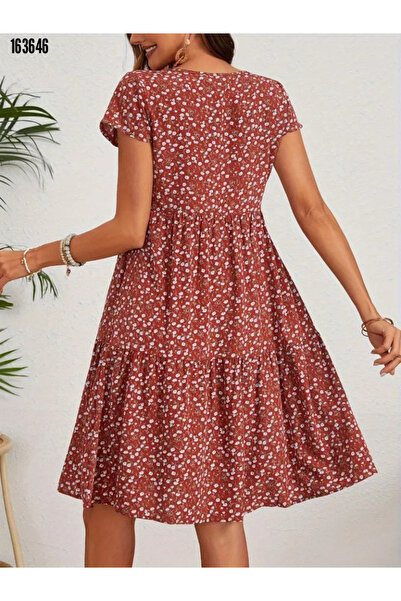 Kokosh moda Women's Crew Neck Floral Print Short Sleeve Single Jersey Fabric Dress