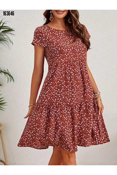 Kokosh moda Women's Crew Neck Floral Print Short Sleeve Single Jersey Fabric Dress