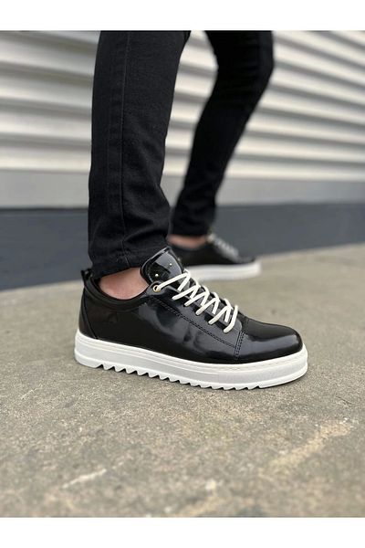 Joy Ayakkabı Jy152 Cool Lace-Up Patent Leather Men's Daily Sports Classic Shoes Rbt - Black