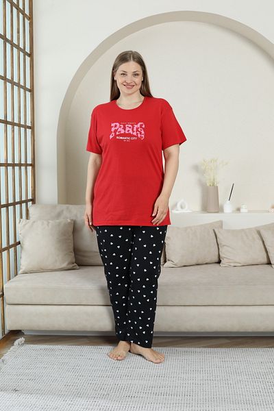 FAMESTEKSTİL Cotton Plus Size Pajama Set Paris Printed Bottom Heart