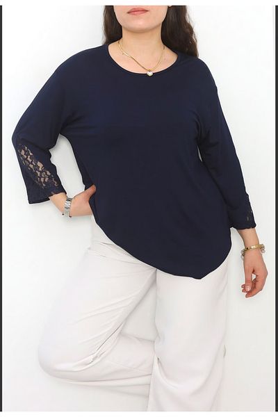 Tunicom Plus Size Ultra Luxury Combed Cotton Blouse with Lace Sleeves