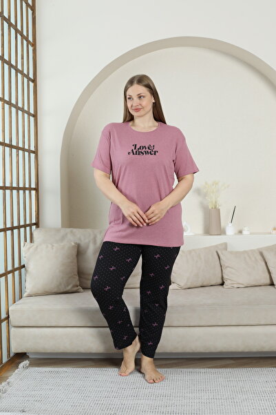 FAMESTEKSTİL Plus Size Women's Cotton Wide Pajama Set Bottom Printed