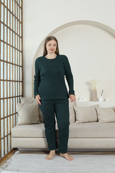 FAMESTEKSTİL Plus Size Seasonal Long Sleeve Report Fabric Straight Pajama Set