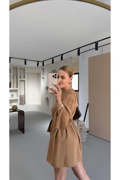 Sezgi Tekin Premium Series Button Detail Belted Camel Dress