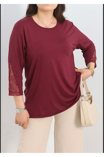 Tunicom Plus Size Ultra Luxury Combed Cotton Blouse with Lace Sleeves