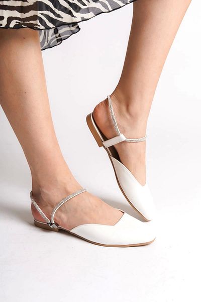 Joy Ayakkabı Carolıne Elastic Orthopedic Comfortable Sole Ankle Stone Detailed Women's Ballerina Shoes Ckt - White