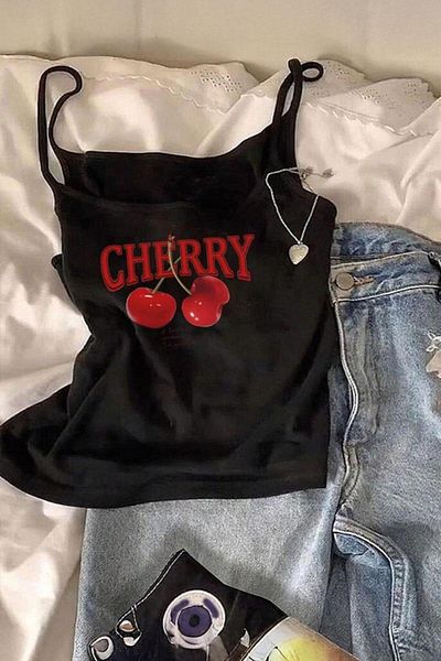 Köstebek Vintage Summer Style Cherry Cherry Printed Strap T-Shirt