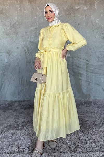 julude Rochie hijab galbenă cu jumătate de nasturi plisate cu volane