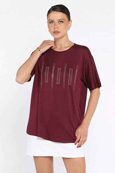 GÜLSELİ Tricou din Lycra cu decolteu cu dungi brodate cu piatră pentru femei, roșu Claret