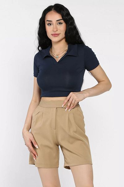 GÜLSELİ Light Mink Women's Elastic Waist Pleated High Waist Velcro Shorts