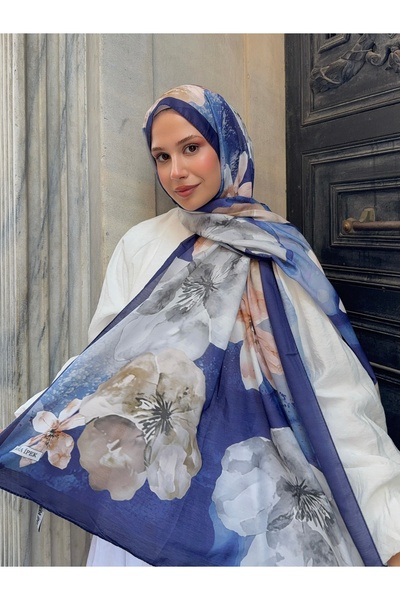 Mira İpek Rose Pattern Cotton Shawl Navy Blue Ps75
