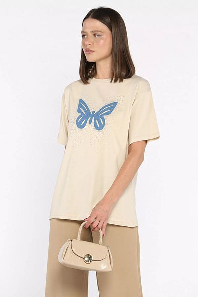 GÜLSELİ Stone Crew Neck Stone Butterfly Motif Women's T-Shirt
