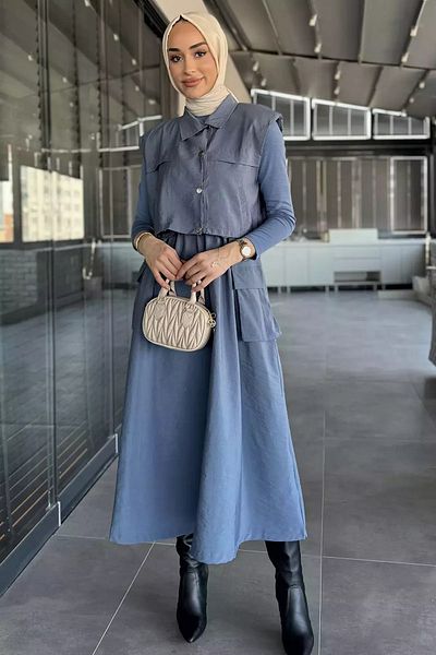 julude Indigo Snap Fastener Cargo Pocket Parachute Fabric Dress Vest Hijab Double Suit