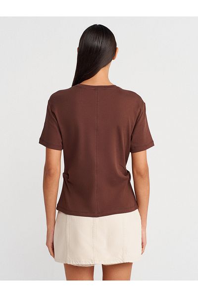 Dilvin 31874 T-Shirt with Slit Detail-Light Brown