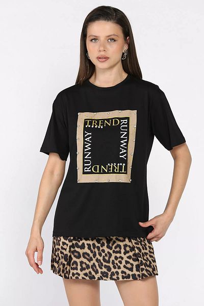 GÜLSELİ Tricou de damă negru cu decolteu cu piatră imprimat