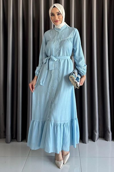 julude Rochie hijab albastră cu nasturi și talie cu volane