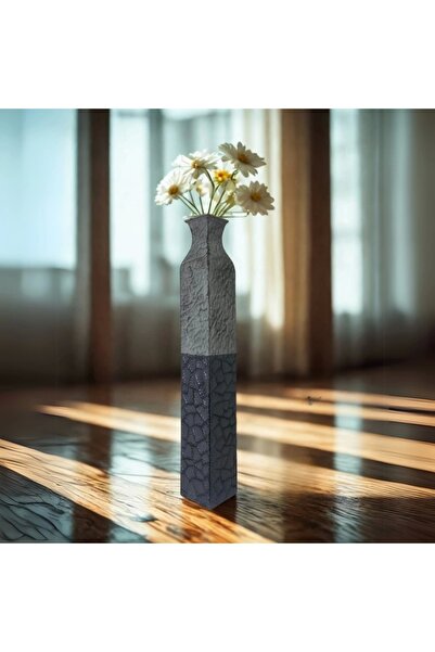 Zuccara Maison Siyah-Gri Seramik Görünümlü Dekoratif Vazo – Modern Kare Form
