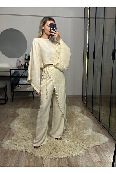 NET OF NOT Darla Beige Muslin Fabric Envelope Trousers Crop Set