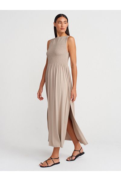 Dilvin 91465 Rochie Midi cu decolteu barca-bej