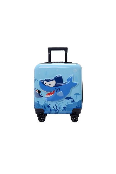 OEM Troler cabina copii cu desene animate 3D de 43 x 36 x 23 cm pentru copii, cu 4 roti, BLUE SHARK