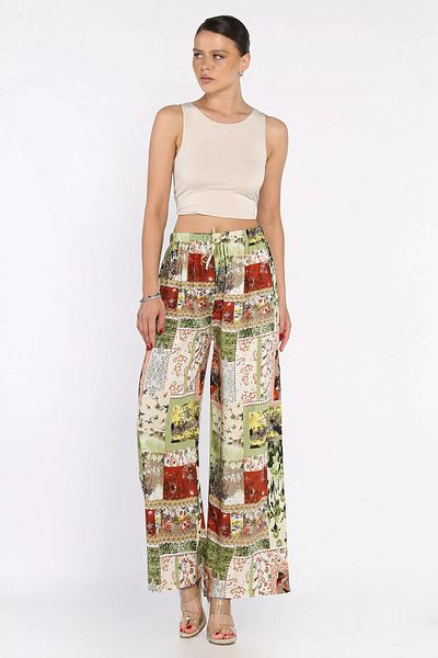 GÜLSELİ Green Women's Elastic Waist Ethnic Patterned Plus Size Viscose Walking Pants