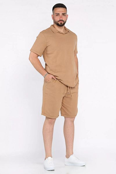MİSHAR İTALİA Camel Men's Polo Neck T-Shirt Shorts Double Set