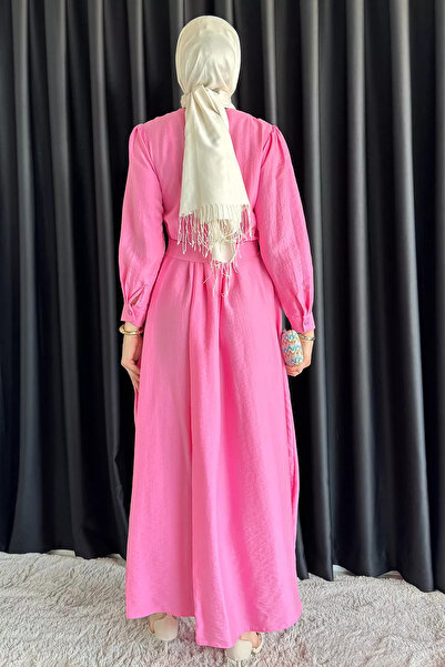 julude Pink Baby Collar Front Button Detailed Pleated Belted Hijab Dress