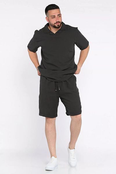 MİSHAR İTALİA Anthracite Men's Polo Neck T-Shirt Shorts Two-Piece Set