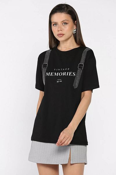 GÜLSELİ Black Crew Neck Printed Stone Women's T-Shirt