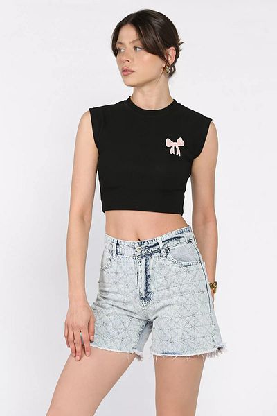 GÜLSELİ Ice Blue Women's Stoned Leg Tassel Jean Denim Shorts
