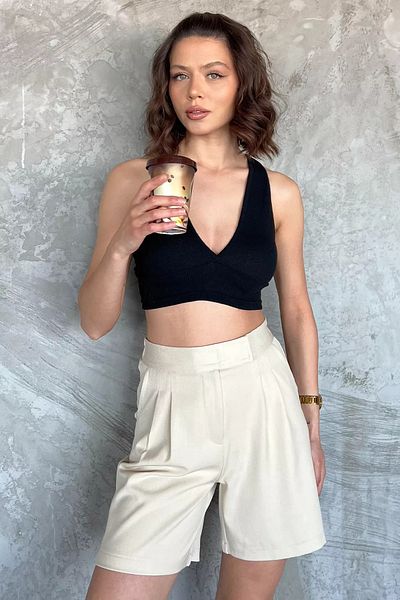 GÜLSELİ Stone Women's Elastic Waist Pleated High Waist Velcro Shorts