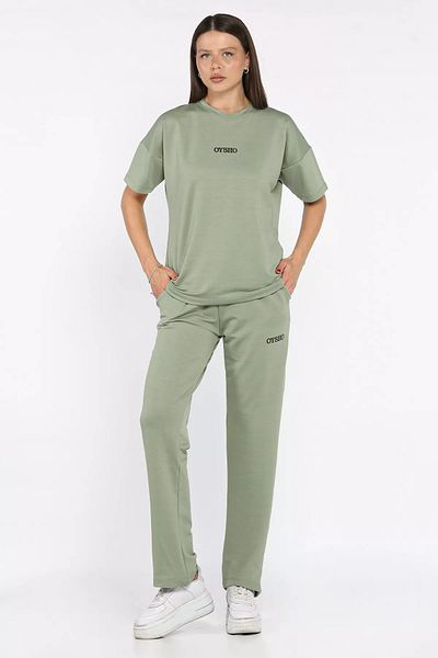 GÜLSELİ Mint Women's Crew Neck Embroidery Detailed T-Shirt Pants Two-Piece Set