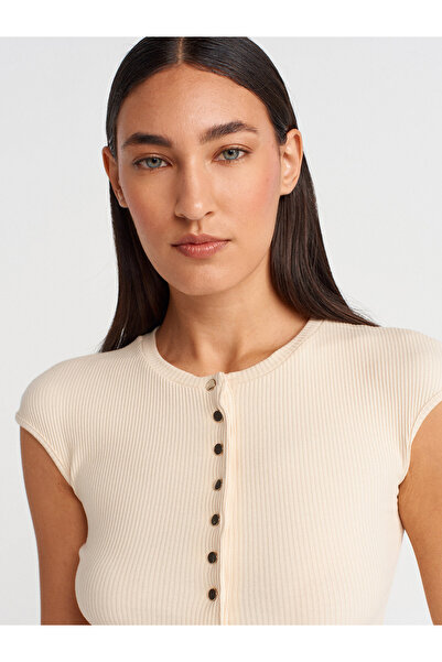 Dilvin 31887 Button Short Sleeve Top-Beige
