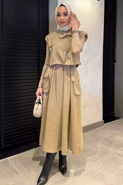 julude Mink Snap Cargo Pocket Parachute Fabric Dress Vest Hijab Double Suit