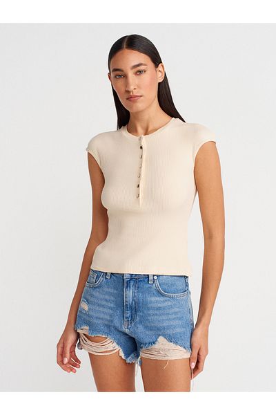 Dilvin 31887 Button Short Sleeve Top-Beige