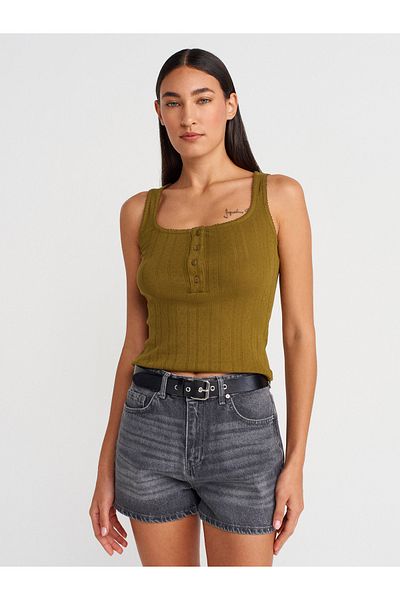 Dilvin 21069 Buttoned Square Collar Top-K.Oil Green