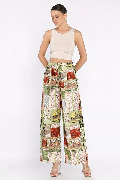 GÜLSELİ Green Women's Elastic Waist Ethnic Patterned Plus Size Viscose Walking Pants