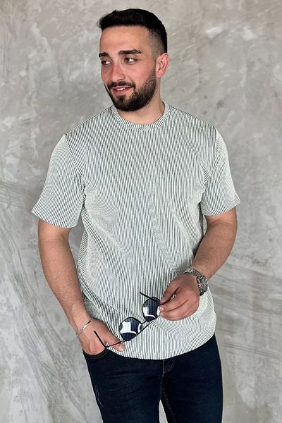 MİSHAR İTALİA Πράσινο κρεμ ανδρικό μπλουζάκι με ριγέ λαιμόκοψη