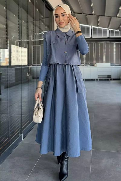 julude Indigo Snap Fastener Cargo Pocket Parachute Fabric Dress Vest Hijab Double Suit