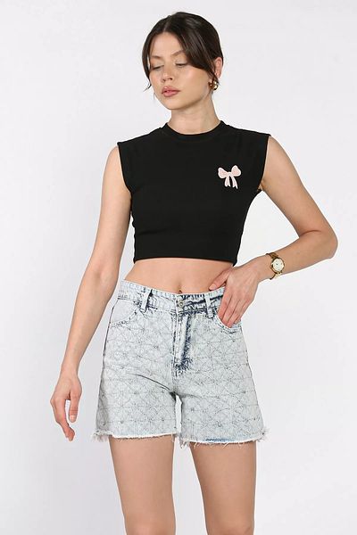 GÜLSELİ Ice Blue Women's Stoned Leg Tassel Jean Denim Shorts