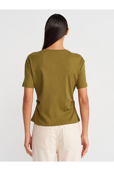 Dilvin 31874 Slit Detailed T-Shirt-Oil Green