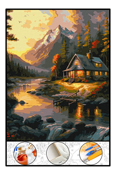 abbara Sayılarla Boyama Çerçeveli Numaralı Tuval Fırça Boya Dahil Kasnaklı 40x50 CM Nehirdeki Ev